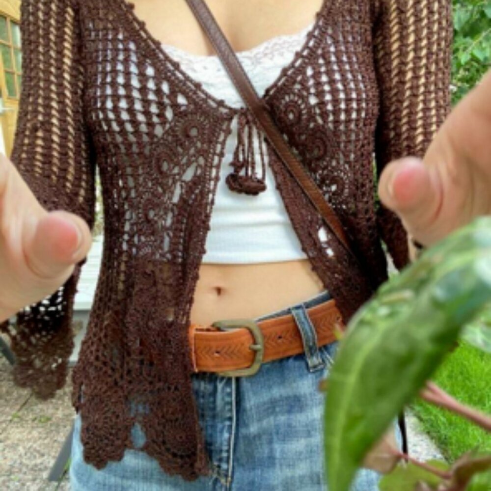 Vintage Y2k Fairy Cottagecore Crochet Knit Brown Sweater Cardigan OS - Picture 11 of 11